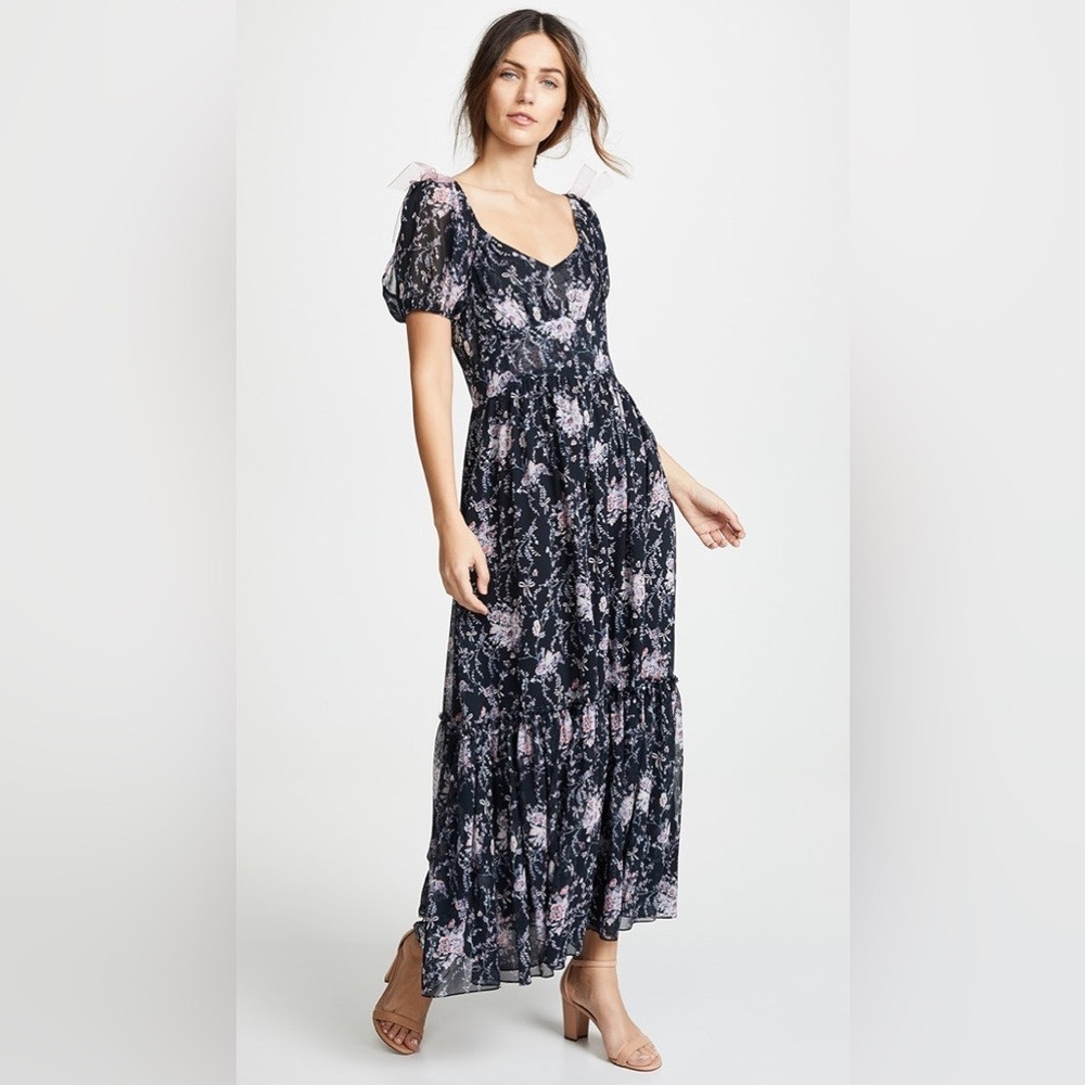 LoveShackFancy Angie Navy Cosmos Silk Floral Midi Dress, Size 2